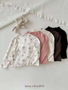 Cozy Pixies 5pcs Baby Girl Floral Textured Turtleneck Long Sleeve Ruffle Hem Pullover Top Set Fall Winter - Pink - View 7