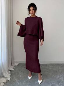 Elenzga Yellow Long Sleeve Top And Straight Skirt 2 Pieces Set, Elegant And Suitable For Party, Commute In Autumn/Winter, Christmas - Burgundy - View 6