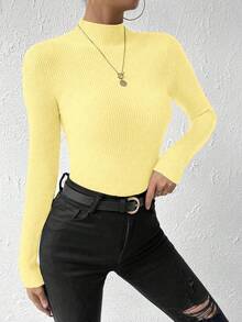SHEIN 女式休闲纯色罗纹针织修身长袖毛衣，秋冬 - 鵝黃色 - 查看 5