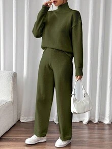 SHEIN LUNE Setelan Wanita Kasual untuk Berpergian, Warna Polos Sederhana, Sweater Rajut Longgar Leher Tinggi dan Celana Rajut 2 Potong, Musim Gugur/Dingin - Hijau Tentara - View 6