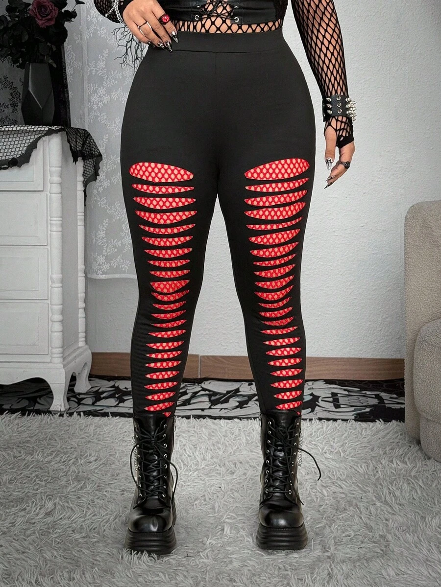 Whyspr Große Größen Punk Dunkel Mesh Zerrissene Elastische Leggings