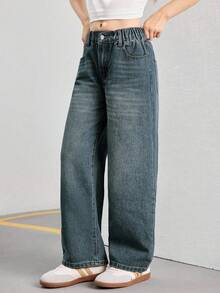 بنطلون جينز فضفاض عتيق بساق واسعة للفتيات المراهقات StreetCool، بنطلون جينز مستقيم الساق عادي - ازرق مخضر - مشاهدة 7