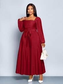 SOLERSUN Women's Plus Size Fall And Winter Frenchy Solid Color Square Neck Long Sleeve Front Ruched Ruffle Hem A-Line Casual Elegant Dress , Spring/Summer New Women's Dresses Fall Cloth For Women, Strap, Ginger Woven Fabric, Date Shopping Commuting Dress - Burgundy - View 5