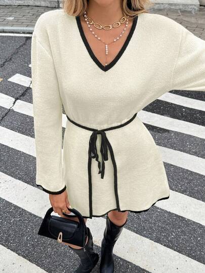 Serisse 女式V领长袖腰系带休闲针织连衣裙
