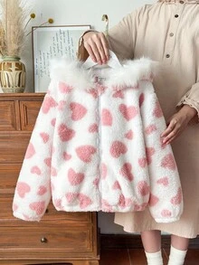 Vintaside Kids Tween Girls Cute Heart Pattern Thermal Lined Hooded Zip-Up Jacket, Pink, Loose Fit, Suitable For Outdoor, Casual, School, Party Wear - Multicolor - View 1