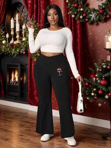SHEIN PETITE CURVE Legging Wanita Ukuran Plus Petite Motif Gelas Anggur Natal, Pinggang Tinggi dengan Desain Silang, Model Mengembang, Cocok untuk Musim Gugur/Dingin - Hitam - View 3