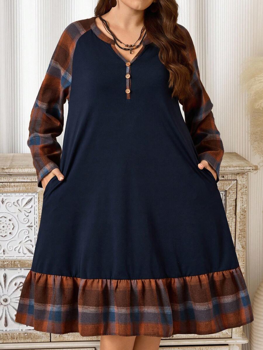 EMERY ROSE Lässiges Karo Patchwork Kleid mit Raglanärmeln und Taschen für Damen in Übergröße, Herbst/Winter, Ausgeh-Outfits, 2025 neue Kleidung, lässige Kleider, fließendes Kleid, Übergrößen-Kleid mit Taschen, Übergrößen-Winterkleider, schlicht und modisch für den Alltag - Verschiedenfarbig - Übersicht 1