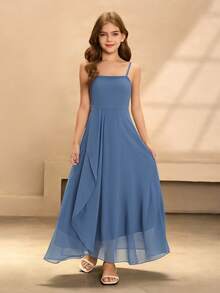 Tween Mädchen-Kleid im eleganten, minimalistischen Stil mit ärmellos, hoher Taille, langem, einfarbigem, fließendem Chiffon-Material, geeignet für Abschluss, Abschlussball, Weihnachtsfeier, Schultanz - Blau - Übersicht 1