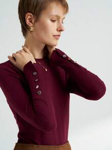 Airaco Camiseta ajustada de unicolor casual para mujer, otoño - Burdeos - Ver 8