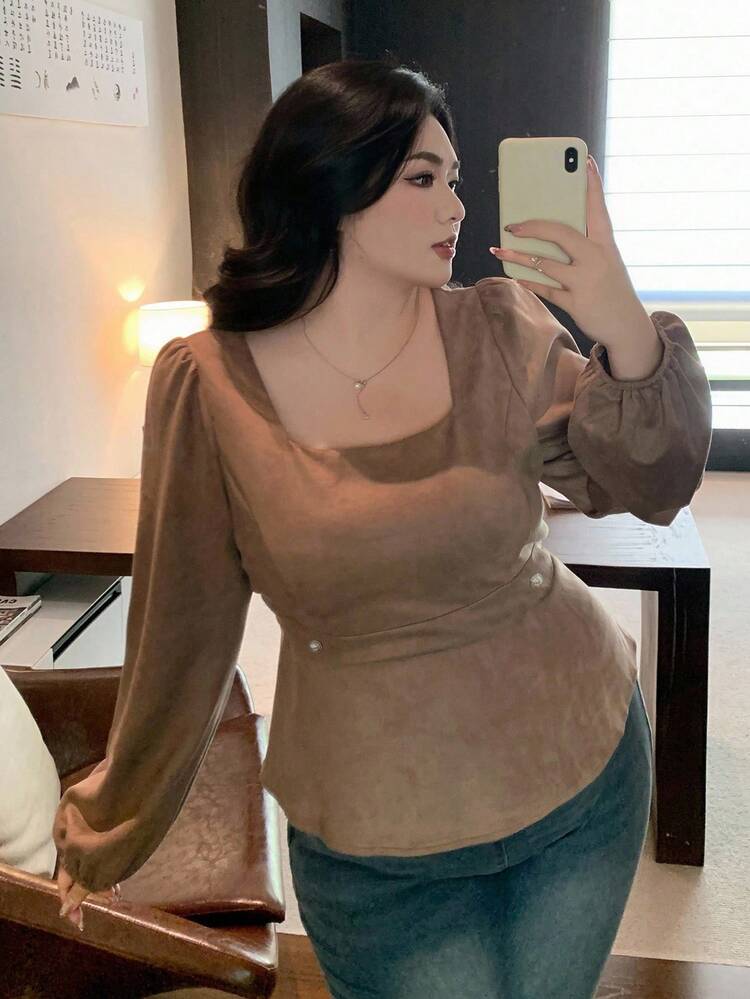 Dazy Plus Plus Size Women Square Collar Elegant Cinched Waist Long Sleeve Blouse