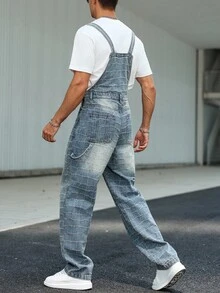 Manfinity Homme 男士休闲钩针多口袋牛仔背带裤，街头风格 - 淺色水洗藍 - 查看 7