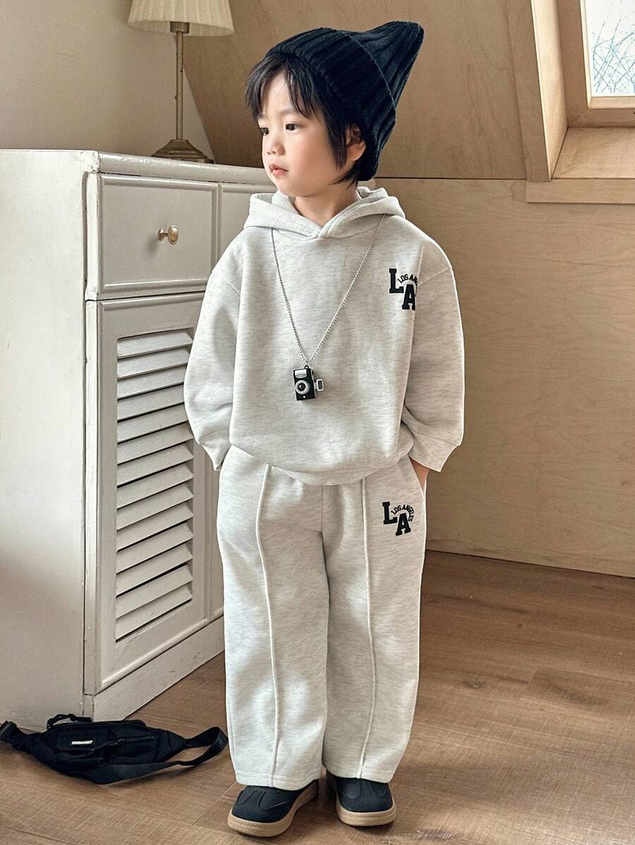 SHEIN 2pcs Kids Boys Casual Letter Print Hooded Loose Sweatshirt And Straight Loose Sweatpants Tracksuit Set, Comfortable For School, Garden, Beach, Birthday, Spring, Summer, Fall, Winter - Multicolor - View 1