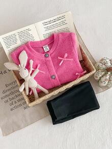 SHEIN Baby Mädchen Säugling Kleinkind Neugeborene 0-3 Jahre Mode Herbst/Winter Gestrickte flauschige gerippte Schleife Strickjacke + Leggings Hose 2-teiliges Outfit Set