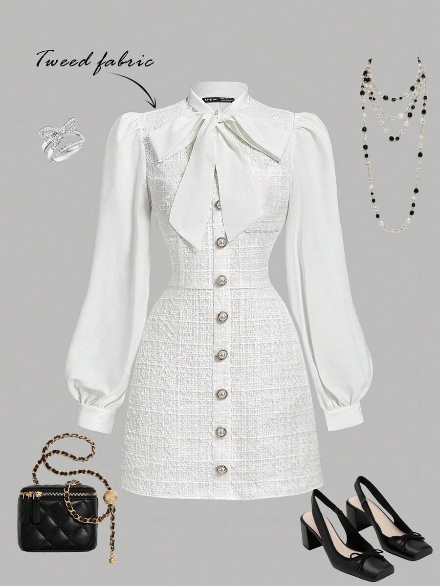 SHEIN MOD Váy sơ mi vải tuýt cổ điển dễ thương dành cho nữ - trắng - Xem 1