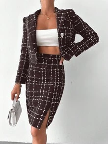 EURMUSE Women's Fashionable Commuter Plaid Split Hem Skirt - Chocolate Brown - View 5