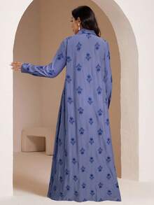 Veilorie 女式花卉印花长袖单排扣休闲长款阿巴雅连衣裙 - 藍色 - 查看 2