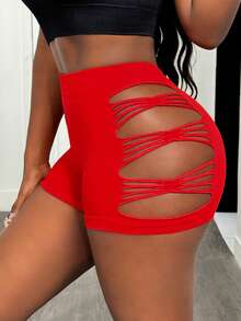 Slaydiva 1pc Women Ripped Backline V-Neck Ultra Short Running Shorts For Workout Workout Short - Red - View 3