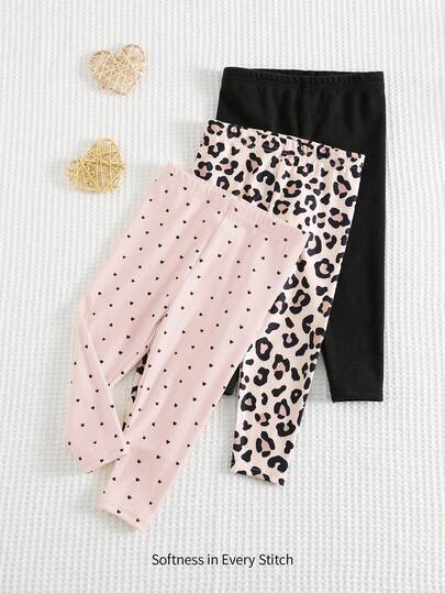 Cozy Pixies 3件套女婴情人节心形豹纹针织柔软松紧腰打底裤套装