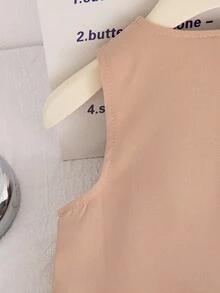 SHEIN Elladie kids 年轻女孩夏季新款仿珍珠蝴蝶结无袖A字褶边下摆法式时尚优雅公主裙 - 卡其色 - 查看 5