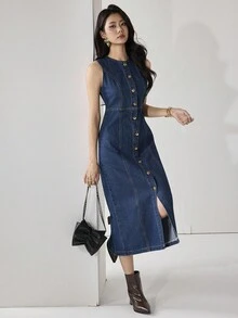 Heiryn 女式前扣无袖简约紧身连衣裙，适合日常穿着的休闲装 - 深色水洗藍 - 查看 6