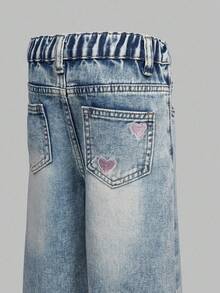 SHEIN Explorewe Girls' Fashionable Casual Heart Embroidery Loose Straight Leg Jeans - Medium Wash - View 4