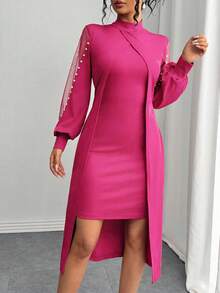 SHEIN Clasi Đầm Maxi Tay Dài Cổ Tròn Phối Lưới Trang Trí Bong Bóng Thanh Lịch Cho Nữ - Màu Hồng Tươi - Xem 6