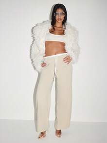 KIZN Jachetă de iarnă luxoasă din blană artificială, stil mongol, plush shaggy, elegantă, pentru petrecere de seară, îmbrăcăminte exterioară pufoasă, crop glam, piesă de modă declarație