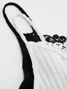 Velvienne 大码女式罗纹花卉蕾丝花边优雅吊带背心，秋冬 - 黑與白 - 查看 5