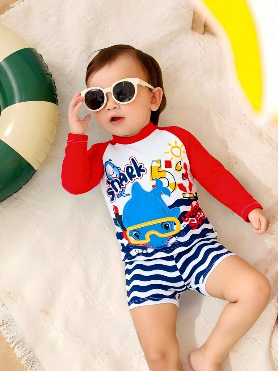 SHEIN 2pcs Baby Boy Swimwear Set - Cute Cartoon Shark Print Colorblock Long Sleeve Knit Top & Swim Trunks - Multicolor - View 1