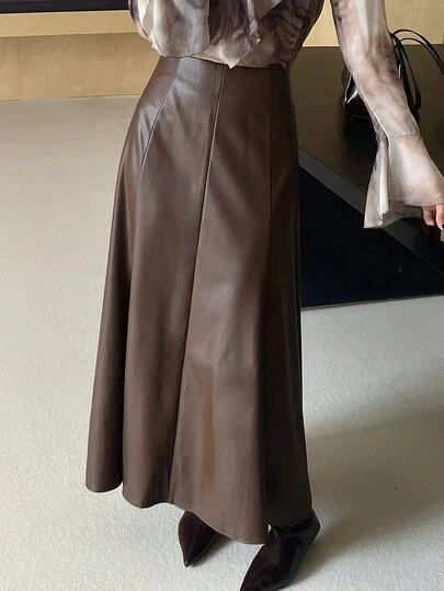 DAZY 1件装女士纯色简约PU皮裙，休闲日常穿着，适合秋冬季节穿着。