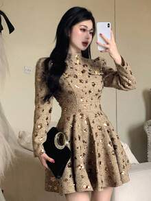 DAZY 女士时尚优雅亮片装饰中长连衣裙闪亮连衣裙波西米亚风度假装扮 - 金色 - 查看 1