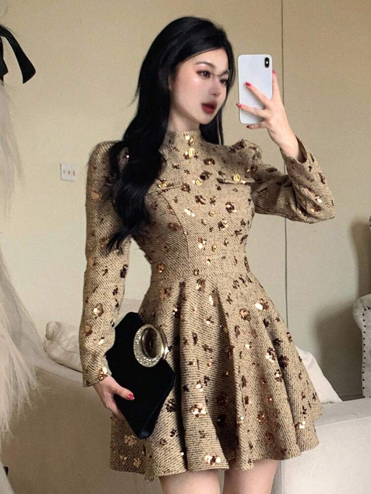 Women's Fashionable & Elegant Sequin Decorated Mid-Length Dress Sparkly Dress Boho