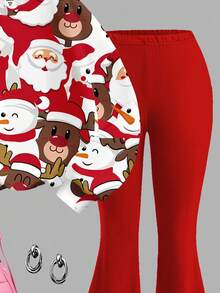 SHEIN Leap Crew 2pcs Cute Cartoon Reindeer & Santa Claus Tween Girls Knit Crew Neck Loose Sweatshirt And Flare Pants Casual Outfit Set, Suitable For Autumn Daily Wear, Street Style, And Home - Multicolor - View 5