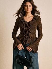 Poéselle 女式荷叶边领口前系带喇叭袖时尚衬衫 - 棕色 - 查看 5