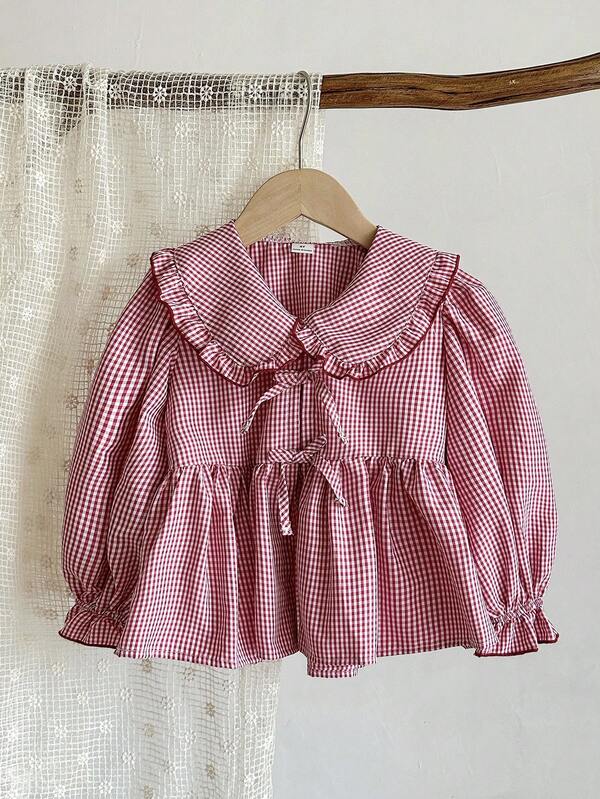 Vintaside Kids Mädchen Langarm Bluse mit gerüschtem Kragen, süß & modisch, lässiger Landhausstil, abnehmbarer Schleifen-Dekor, elegante & süße Bluse für Frühling & Herbst