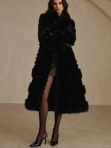 Aveloria Rosie 新款貂皮大衣，女士长款貂皮大衣，狐狸皮草夹克，过膝冬大衣 - 黑色 - 查看 2