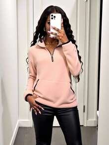 BamGleam Women's Zipper Pocket Plush Pullover Sweatshirt,Winter Coat,Winter,Thermal Fall - Baby Pink - View 3