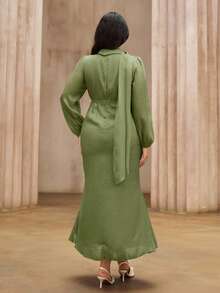 Roveilla Plus Size Solid Color Elegant Ruffle Decor Fishtail Maxi Dress, Party Wear, Spring/Summer - Green - View 2