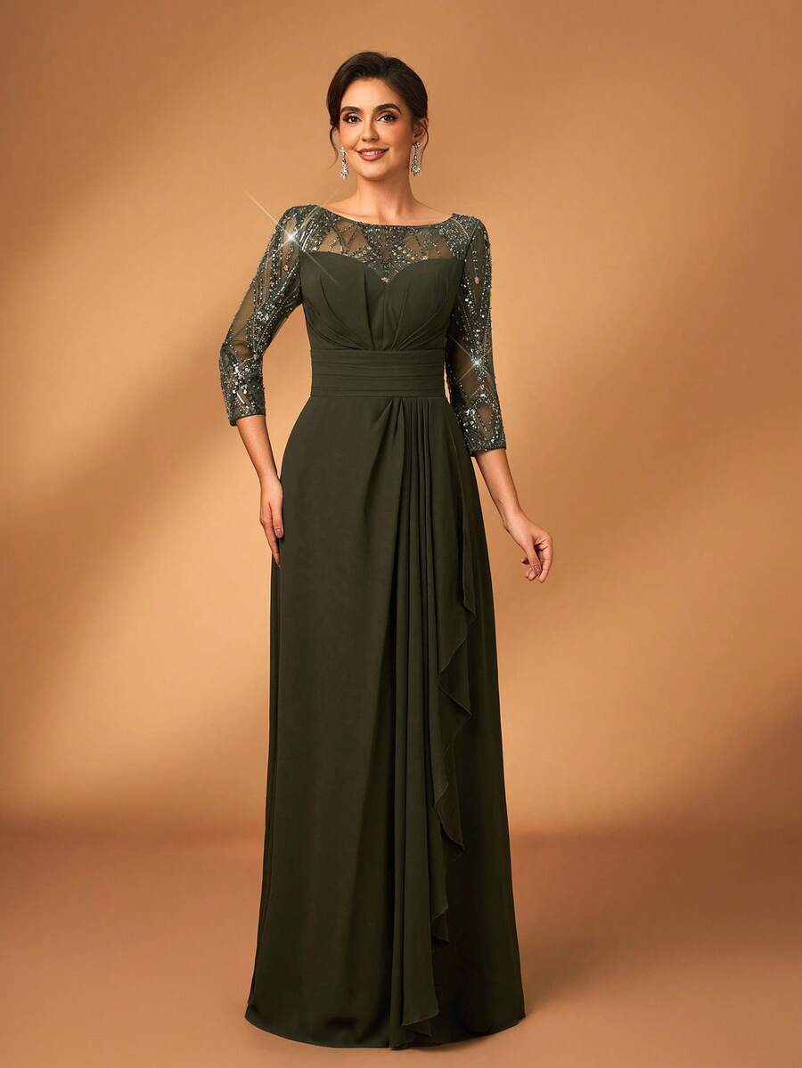 Serin Đầm chữ A sang trọng, thanh lịch với chất liệu chiffon, đính ren và sequin, tay áo voan mỏng, xếp ly bồng bềnh, thích hợp cho đám cưới, tiệc tùng, kỳ nghỉ, dạ hội, váy cho mẹ cô dâu, ngày Valentine.