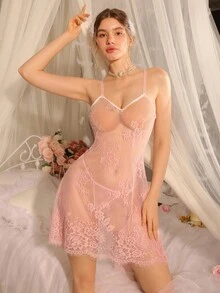 DelicateAllure 女士性感睡衣（性感连衣裙和丁字裤两件套） - 粉色 - 查看 5