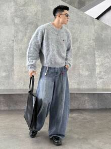 ESTAVOR Men's Casual Washed Embroidered Detail Curved Hem Jeans - Blue - View 5