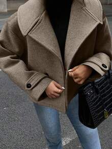 EMERY ROSE Women's Oversized Collar Decorated Button Long Sleeve Overcoat - Coffee Brown - View 1