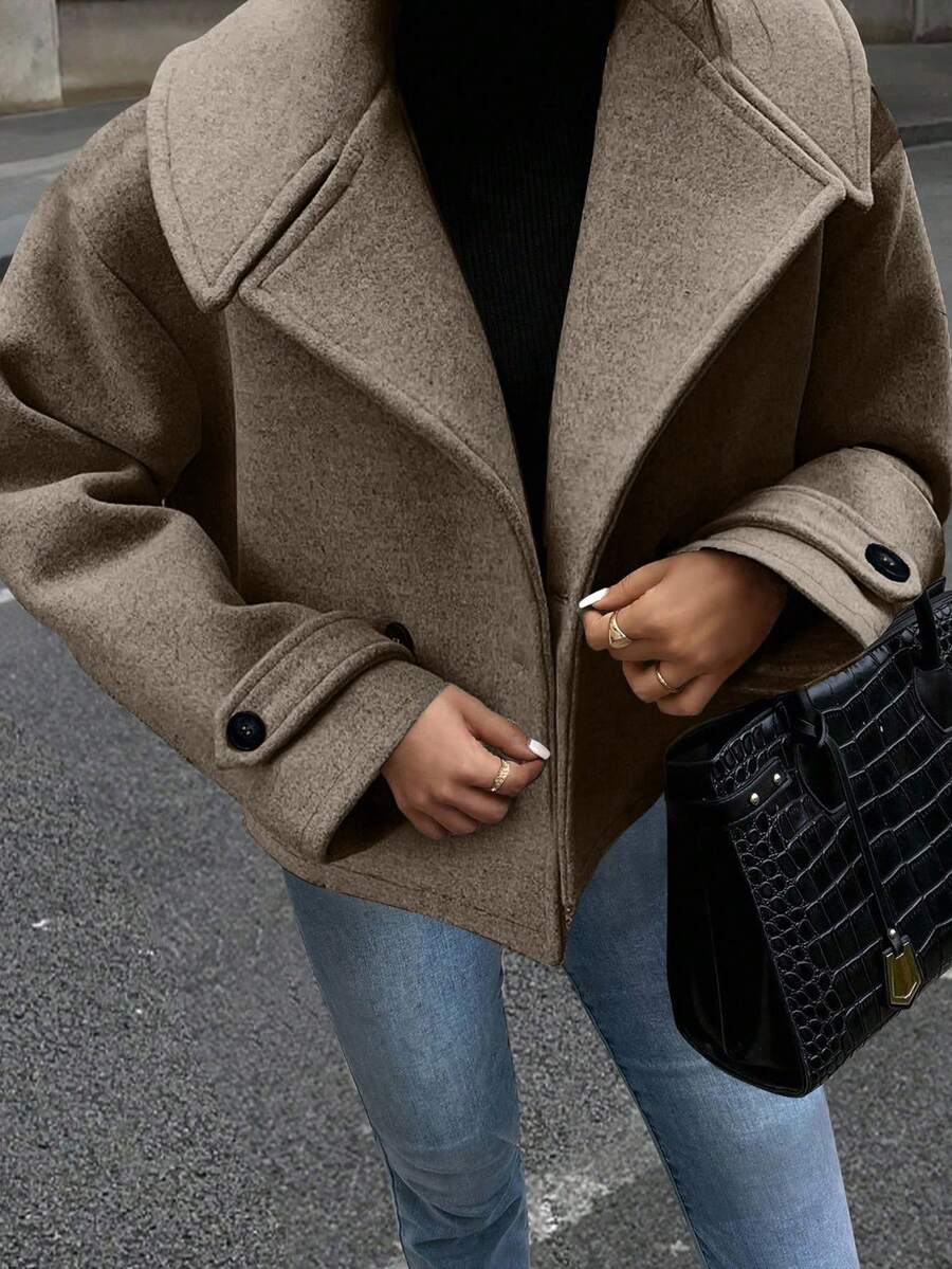 EMERY ROSE Women's Oversized Collar Decorated Button Long Sleeve Overcoat - Coffee Brown - View 1