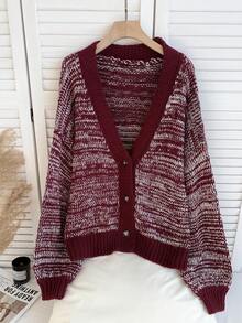 SHEIN EZwear Cárdigan holgado de punto con estampado floral navideño burdeos, para otoño/invierno, talla grande - Multicolor - Ver 6