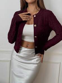 SHEIN PETITE 女士休闲金属单排扣圆领长袖针织开衫，秋冬 - 中紫紅色 - 查看 4