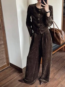 DAZY 2 件套女士秋冬灯芯绒宽松商务休闲办公室服装，金属扣装饰开衫衬衫和直筒裤套装 - 棕色 - 查看 5
