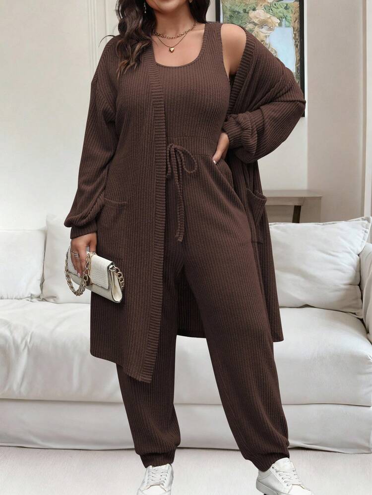 Plus Size Women's Solid Color Drop Shoulder Long Sleeve Open Front Jacket And Waist Tie Sleeveless Jumpsuit Casual 2 Pieces Set Fall Cloth For Women Brown Three Piece Outfit Women Brown Knit Set Plus Size Two Pieces Set Brown Two Pieces Set Women Women Brown Lounge Set - Chocolate Brown - View 3