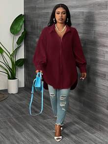 SHEIN CURVE+ Camisa de manga farol de manga larga blanca talla grande, primavera - Burdeos - Ver 3