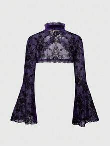 ROMWE Gothic Versatile Slit Flare Sleeve Women Retro Flocked Floral Cardigan - Purple - View 2