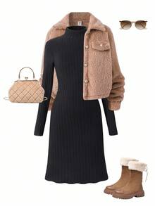 Girls Autumn/Winter Elegant 2 Pieces Set: Faux Lamb Wool Collar Short Jacket And Turtleneck Fitted Knit Dress - Black - View 2